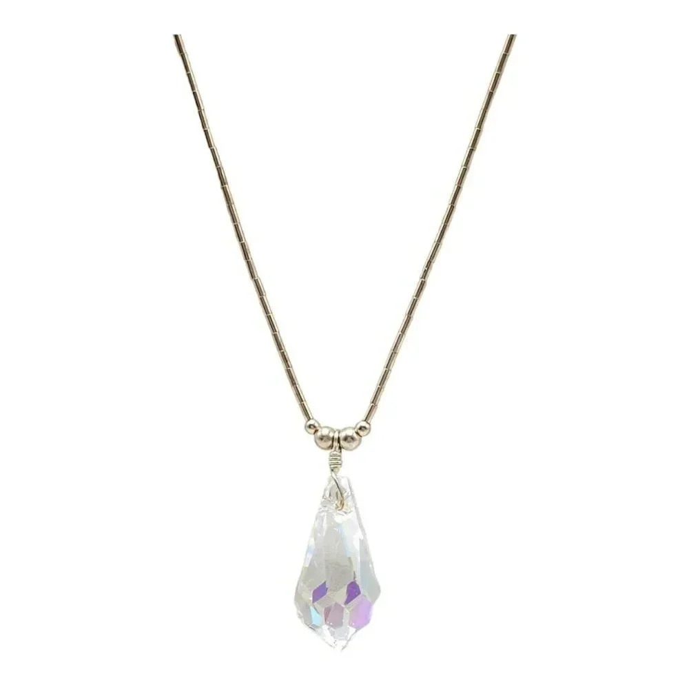 Rainbow Crystal Teardrop Liquid Sterling Silver Vintage Necklace